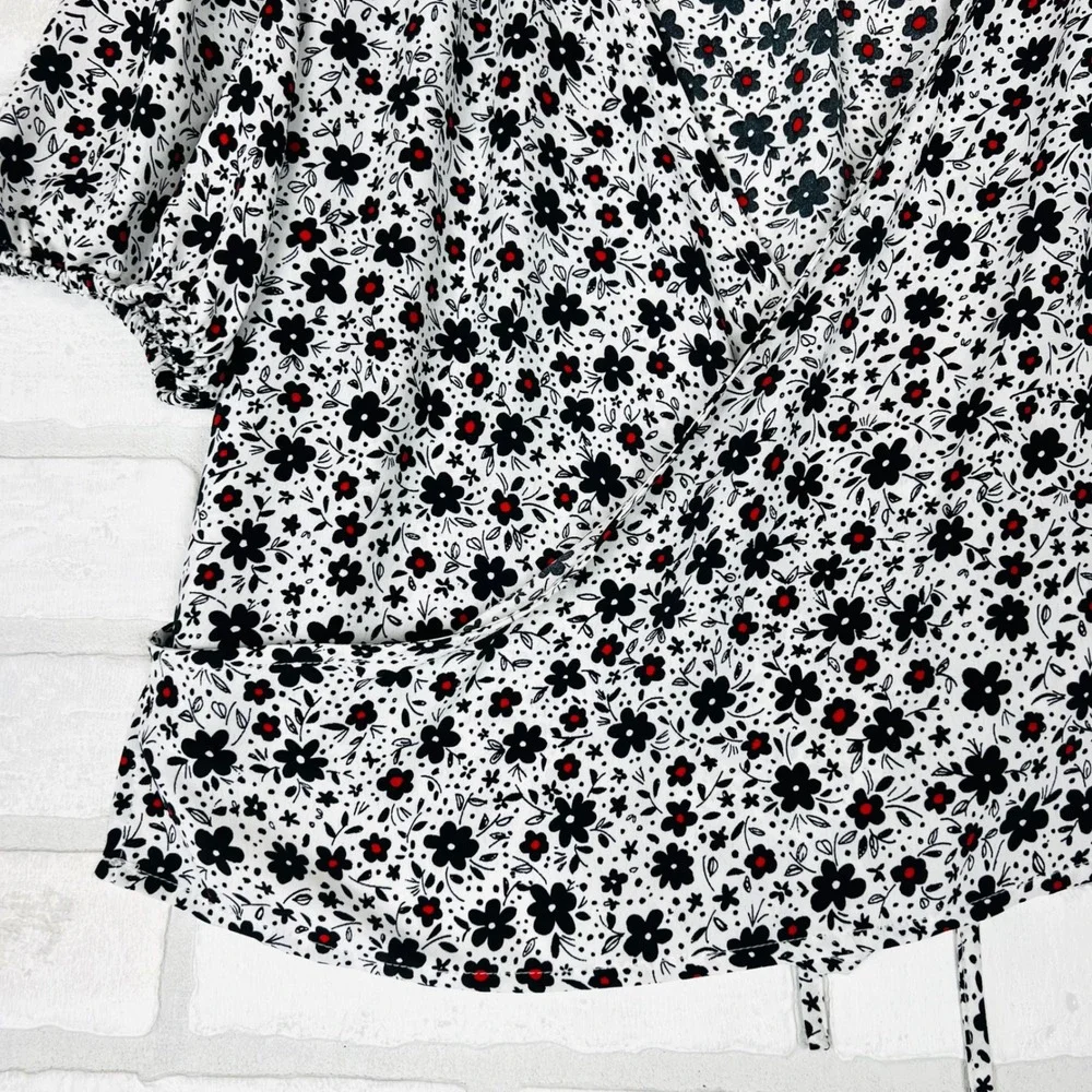 Zara Womens Floral Wrap Top White Black Red Ditsy Puff Sleeve Blouse Medium